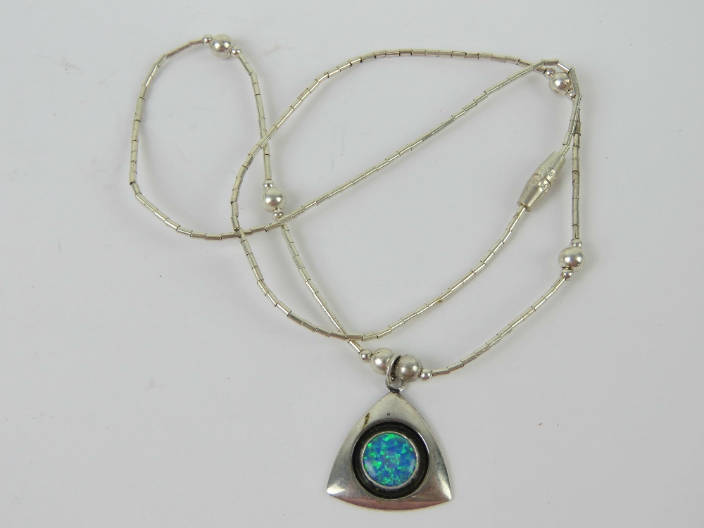 A 925 silver and opal pendant of geometric form on a Native American style beaded chain. - Image 2 of 2