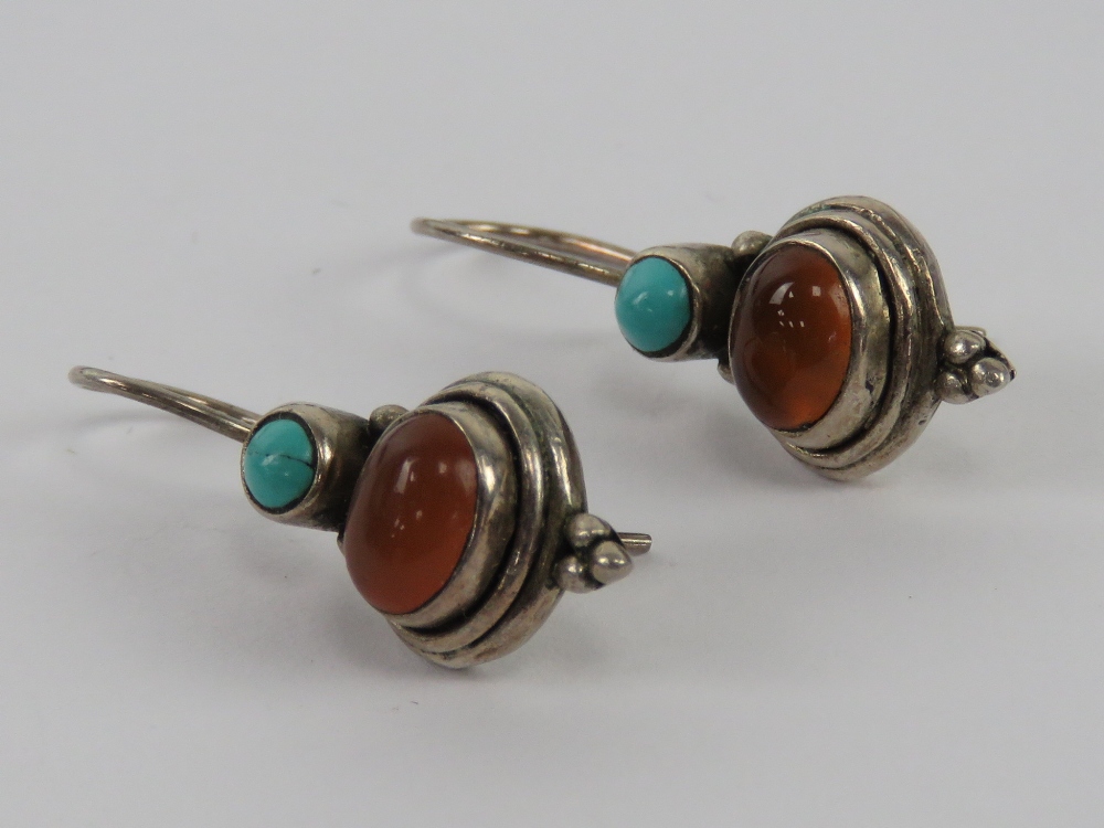 A pair of silver Native American style carnelian and turquoise earrings, stamped 925, 3cm drop. - Image 2 of 3