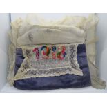 Embroidered WWI '1918 Souvenir from France' cloth pouch having lace trim.