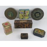 A quantity of vintage biscuit tins, mostly Huntley & Palmer, also a tea tin and a small cash tin.
