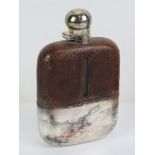 A James Dixon & Sons silver plated and snake skin covered glass hunting hip flask, approx 17.