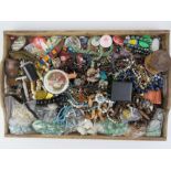 A wooden tray containing a large quantity of assorted costume jewellery including hardstone
