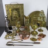 A quantity of copper and brass ware including fireside items, companion set, miniature items,