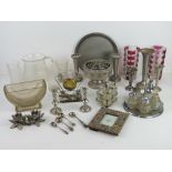 A quantity of assorted glass and metalware including ARt Deco hemispherical bowl,