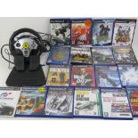 A quantity of PS2 games and steering wheel set.