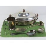A quantity of silver plated items including chafing dish with turned wooden end handles,