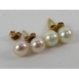 Two pairs of pearl stud earrings, no hallmarked on pair of butterfly backs marked for 14ct gold.