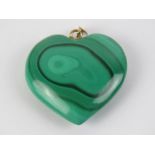 A large malachite heart pendant on 9ct gold bale, approx 3.4cm wide.