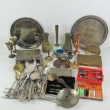 A quantity of assorted brass, flatware and collectables including a pair of 925 WMF silver spoons.