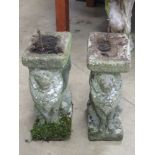 A pair of stone double sided lion bench supports, 38cm high.