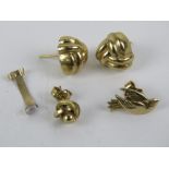 A quantity of 9ct gold and yellow metal jewellery, 2.2g.