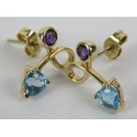 A pair of 14ct gold earrings set with aquamarine and amethyst, stamped 14K, 1.9g.
