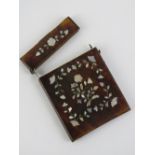 A delightful card case inlaid with bone and mother of pearl, a/f, 7.7cm wide.