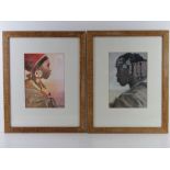 Two African portrait prints of females in traditional dress, from original pastels by Tony Hudson,