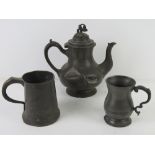 A Pewter teapot and 2 pewter tankards one marked for Yates and Birch with VR cypher and further