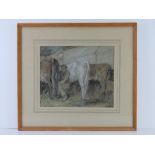 Pencil and pastel; 3 cows in a milking shed with farmer on stool, signed lower right indistinct.