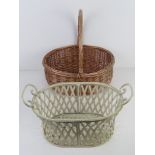 A Cream painted metal basket together with wicker basket with loop handle.