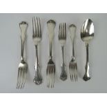 Three dinner forks, two salad forks and a tablespoon, worn marks, untested, 378.2g.
