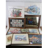 A large quantity of steam engine themed items including mirror, prints, cigarette card montage etc.