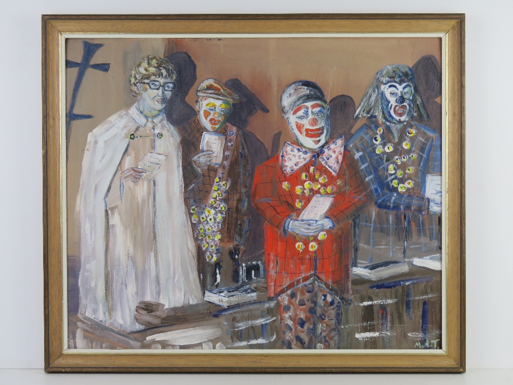 Oil on board entitled 'Remember Joe Grimaldi!' featuring clowns and a robed man by Martin