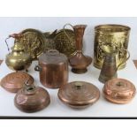 A good antique fireplace lidded copper pot having iron swing handle over together with a quantity