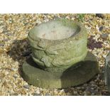 A small barrel style planter and stepping stone base, planter 14cm high and 23cm dia.