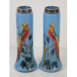 A pair of delightful handpainted blue opaline glass and HM silver bud vases,