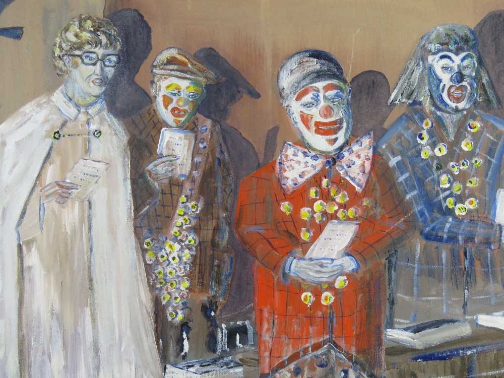 Oil on board entitled 'Remember Joe Grimaldi!' featuring clowns and a robed man by Martin - Image 3 of 5