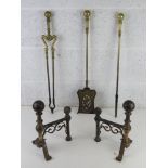 A five piece large brass fireside companion set comprising poker, tongs,