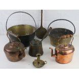 Two brass jam pans, 2 copper kettles, a copper hot chocolate pot etc.