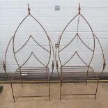 A pair of cotemporary Gothic style arched back garden chairs. Approx measurements 67cm wide, 36.