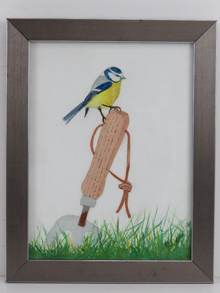 Frank Watkins; Oil on board 'High Point' featuring Blue tit sat on the handle of a fork,