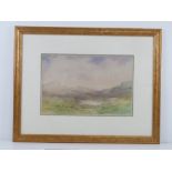Watercolour; sheep grazing in field, mountains and sky beyond, signed CH-08, 32.5 x 21.