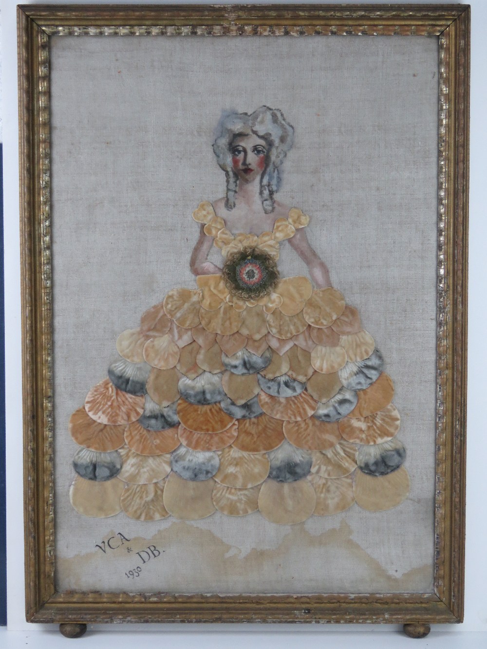 A large gilded framed cloth depiction of Georgian fine lady.