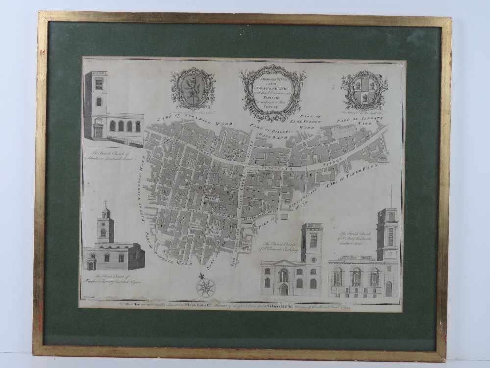 18thC copper plate engraved Map : 'Langborn Ward and Candlewick Ward with their divisions into