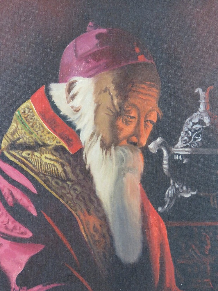 Oil on canvas of a Chinese gentleman in embroidered robe, indistinct signature, 44 x 54.5cm, framed. - Image 2 of 4