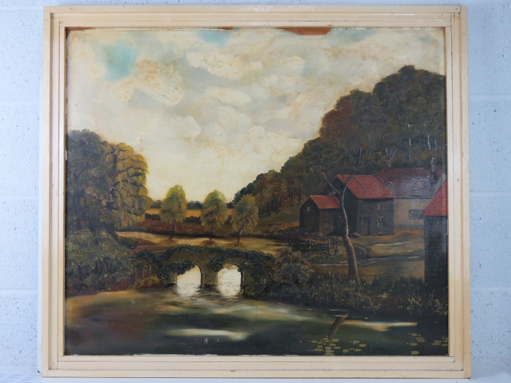 Oil on board, a riverside farm with trees beyond and double arch stone bridge.