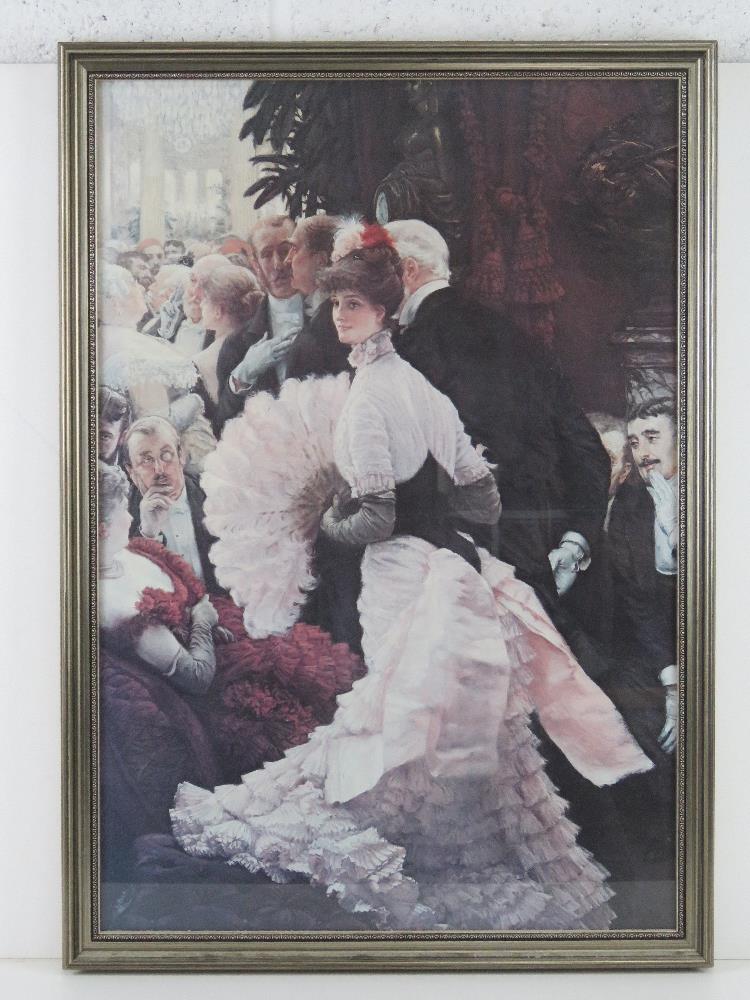 A print of a lady in fashionable dress of the period, party in background, framed.
