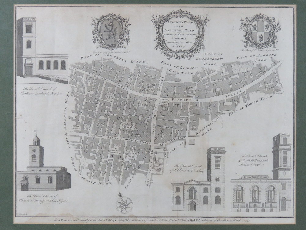 18thC copper plate engraved Map : 'Langborn Ward and Candlewick Ward with their divisions into - Image 2 of 4
