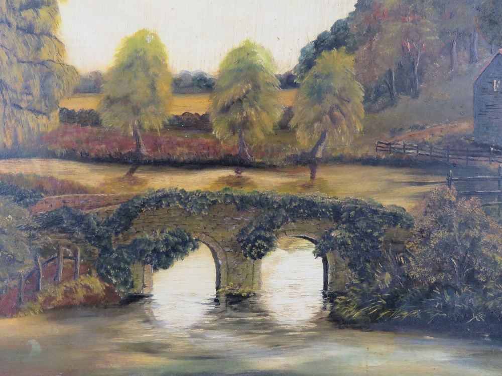 Oil on board, a riverside farm with trees beyond and double arch stone bridge. - Image 3 of 4