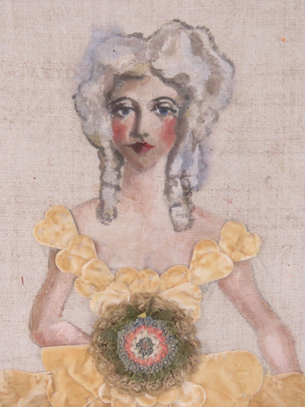 A large gilded framed cloth depiction of Georgian fine lady. - Image 2 of 7