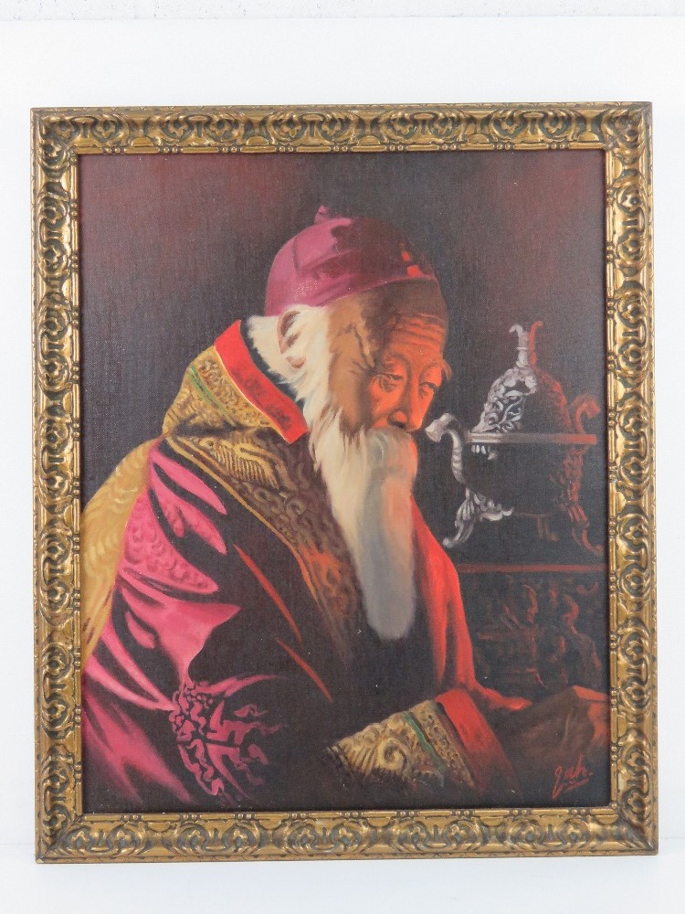 Oil on canvas of a Chinese gentleman in embroidered robe, indistinct signature, 44 x 54.5cm, framed.