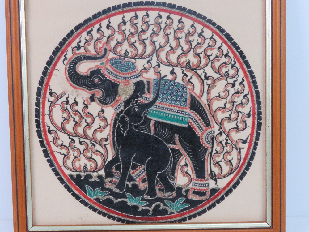 A framed Indo Asian pierced and part gilded decorative textile piece, 28cm dia, in frame. - Image 2 of 5