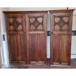 Two Continental 1920's oak hall cupboards, double 132cm wide, single 70cm wide,
