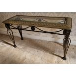 A Continental console table having metal base with glass and resin top, 120 x 46 x 86cm.