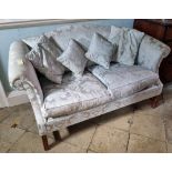 A Georgian style scroll arm two seater settee with loose cushions. 165cm wide.