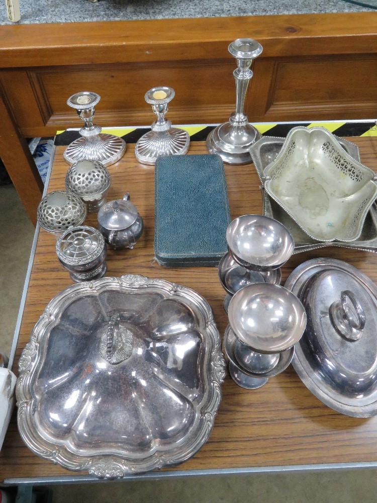 A large quantity of silver plated items including pair of candlesticks, tureens, toast rack, - Image 2 of 6