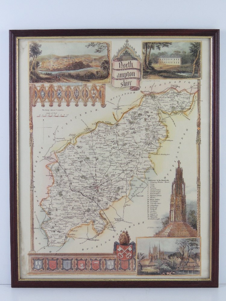 A contemporary print of a vintage map of Northamptonshire, frame measuring 43.5 x 53.