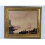 Print of a North African harbour in gilt frame by Bright's of Nettlebed,