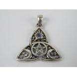 A silver Wiccan pentagram, crescent and moonstone pendant, stamped 925 and measuring 2.7cm wide.